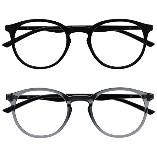 OPULIZE Met Lunettes de Lecture Pack de 2 Montures Rondes et Mincess Charnières à Ressort Anti-Rayures Noir Gris Transparente Hommes Femmes RR60-17 +2.00