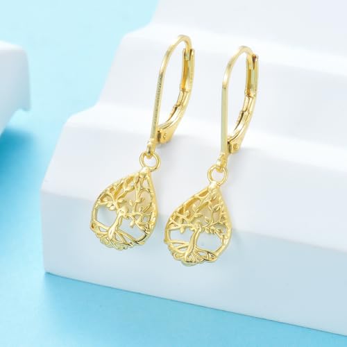 CERSLIMO Tree of Life Earrings for Women, Hypoallergenic Gold Teardrop Leverback Dangle Drop Earrings Jewelry Gifts4