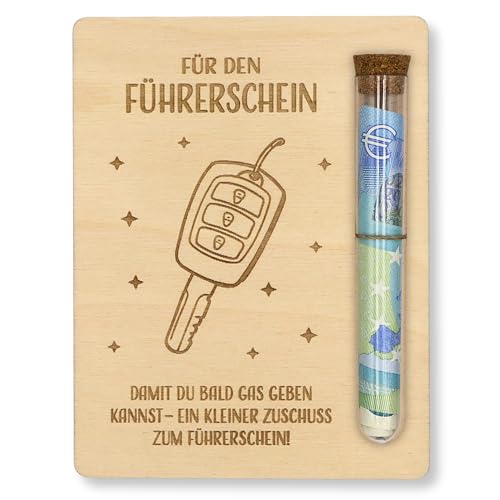 ZUKLA Verpackung für Geldgeschenke Führerschein Gutschein - 13 x 10 cm - mit Reagenzglas - Führerschein Geschenk - Geldgeschenk Verpackung Holz
