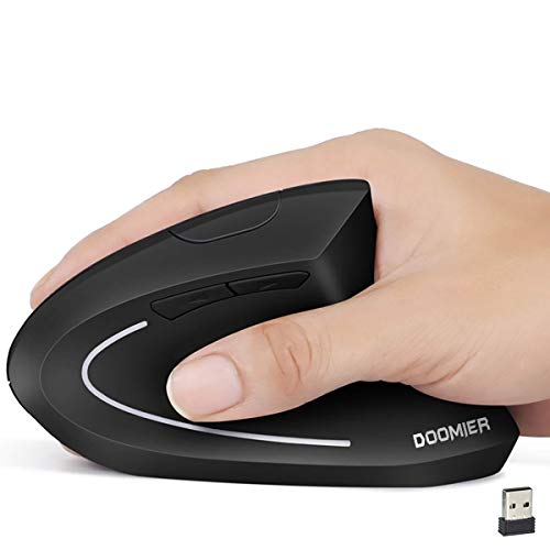 Ergonomic Wireless Mouse 2.4G, DOOMIER Rechargeable Vertical Wireless Computer Mouse with USB Receiver, 6 Buttons 3 DPI 800/1200/1600 for Cpmputer, Desktop, Laptop, Chromebook, Black