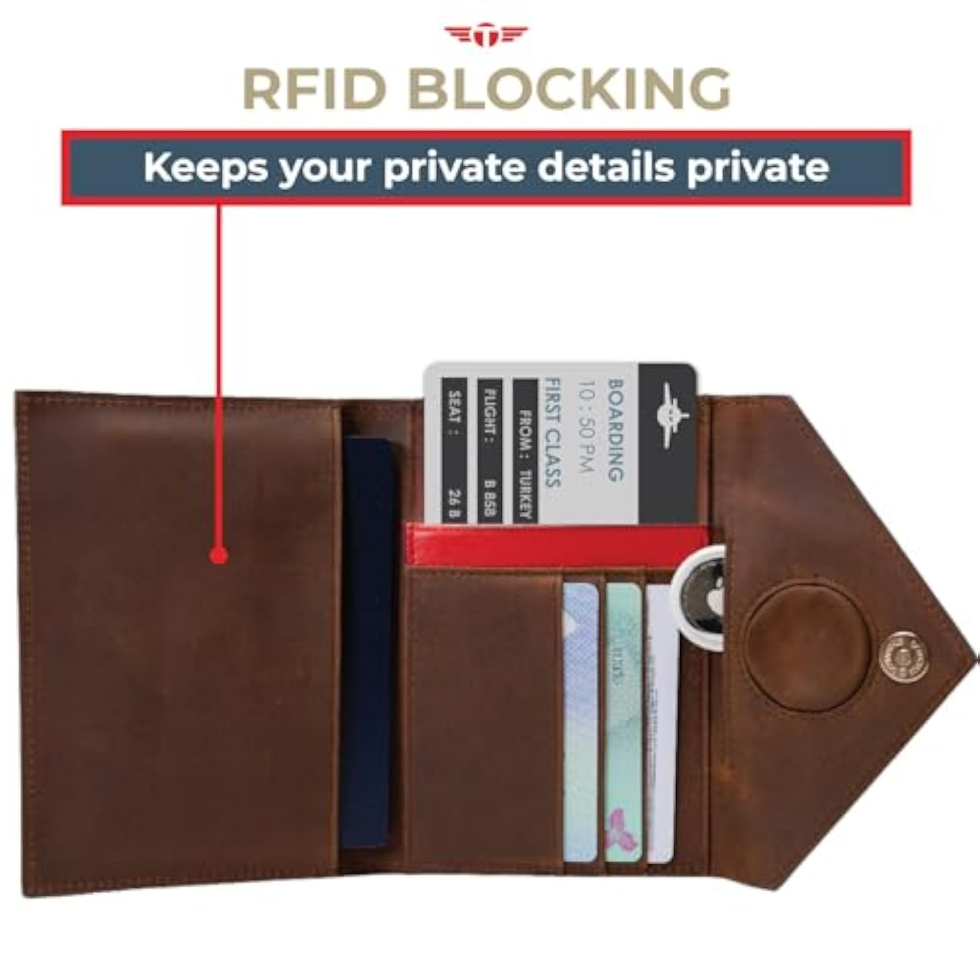 Leather Passport Holder for Travel, Hidden AirTag Pocket