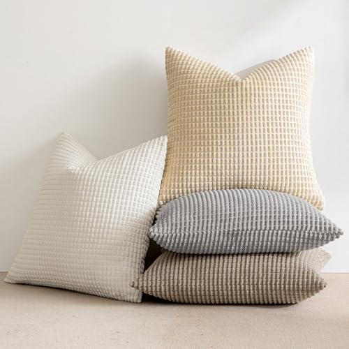 MIULEE Neutral Harmony Decorative Pillow Covers 18x18 Inch Set of 4 Rustic Farmhouse Boho Soft Throw Pillows Corduroy Couch Pillowcases Nordic Home Decor for Sofa Living Room Bed