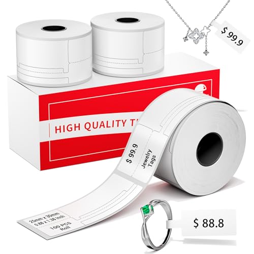 Image of Phomemo Thermal Labels,Self-Adhesive Jewelry Price Tags Compatible with M100 /M110 /M220 /M250 Label Printer, 1.18 x 0.98 Inch (30x25mm+45mm Stickers for Cabel, Colthing, Business, 100PCS x 3 Roll