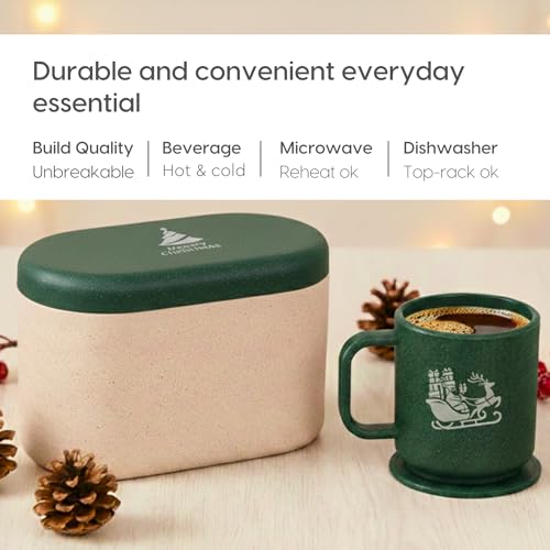Image of Eha Earth-Friendly Christmas Gifts for Friends and Family | Secret Santa Gifts | Made with Rice Husk | Printed Christmas Mug and Coasters Set of 2, Keychain & Loopac Box | 350 ml | Fern
