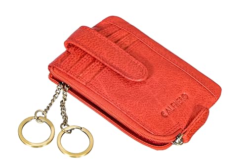 Image of Calfnero Genuine Leather Card Holder & Key Case for Men & Women | Slim Wallet with Zipper Pocket, Card Slots & Key Chain | Compact Travel Organizer (Light Red)