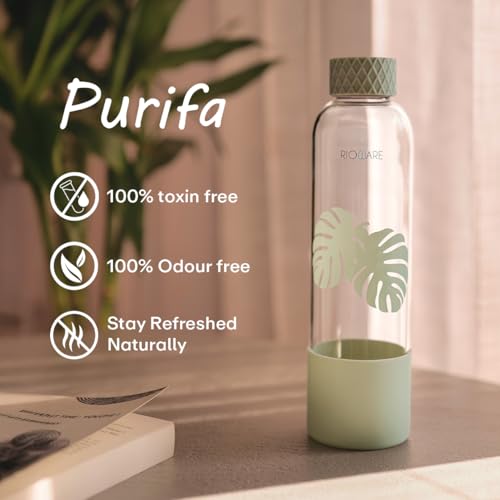 Image of Rioware Purifa Pro Borosilicate Glass Water Bottle With Silicon Sleeve (750Ml) | Airtight Lid | Leak Proof | Silicon Cap | Fridge Water Bottles For Home, Office & Gym -Pack Of 01(Green).