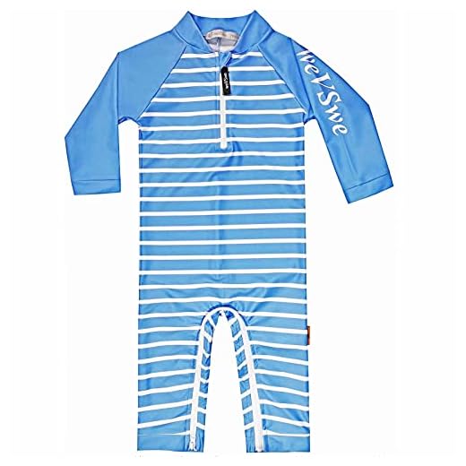 weVSwe Baby Junge Kleinkind Badeanzug UPF 50+ Sonnenschutz Recycling Stoff Einteiler Langarm Rash Guard Blaue Streifen 18-24 Monate