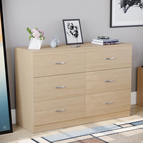 Vida Designs 6 Drawer Wide Chest of Drawers Bedroom Storage Unit Sliding Drawers Bedroom Furniture (Pine)