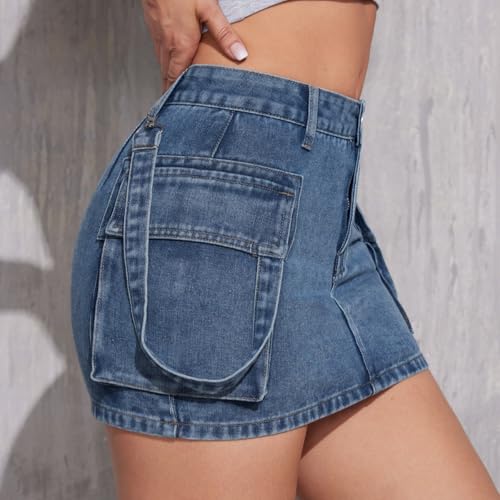 BlueMoment Womens Denim Mini Skirts High Waisted Cargo Skirt Cute Denim Side Slit Skirt with Pockets3