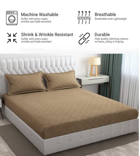 Image of Filymore Double Bed Bedsheet with 2 Pillow Covers, 300 TC Microfiber, Solid Embossed Check Design, Soft & Durable Bedcover 90x95 Inches, Beige, Luxury Bedding for Home & Hotel Use