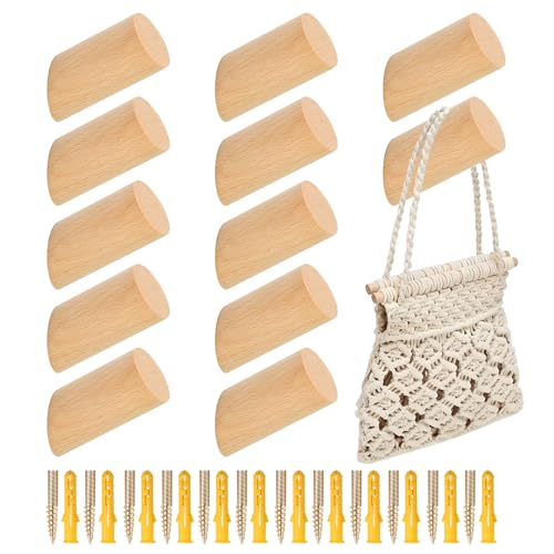 Omtofo 12 Stück Garderobenhaken Holz 6cm Wandhaken Holz Rund, Buche, Dekorative Holzhaken, Mit Schrauben, Vintage Garderobe Huthaken für Mützen, Rucksack, Schals, Kleidung