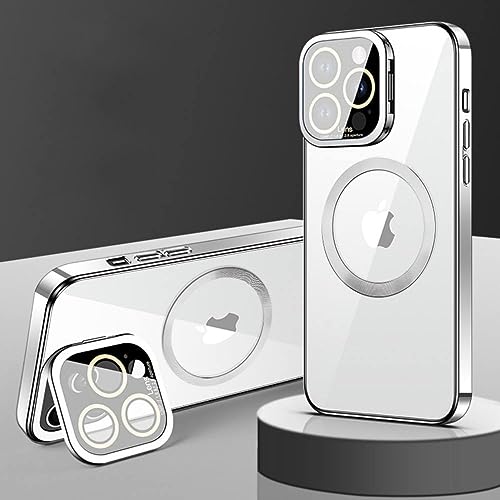 Coque transparente de charge avec support pliable argent pour iPhone 14 13 Pro Max
