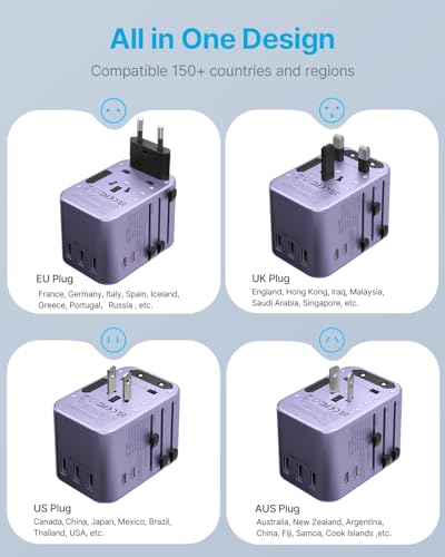 Image of Universal Travel Adapter, VINTAR 35.5W International Power Adapter with 3 USB A QC and 2 USB C PD, All in One Plug Adapter Worldwide Travel Essentials for EU /UK /USA /AUS(Type C /G /A /I), Purple