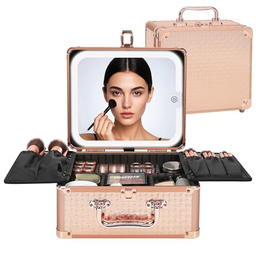 Image of Relavel Makeup Bag with LED Mirror, Makeup Box Travel Train Case with Rechargeable Lighted Mirror, Cosmetic Brush Organizer Storage for Makeup Artists Gifts for Women and Girls, Rose Gold