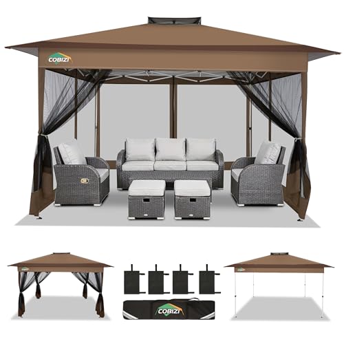 Image of COBIZI 13x13 FT Pop up Gazebo on Clearance - Outdoor pop up Canopy Tent,carpas para Patio, Shelter - Screen Tents with Portable Carry Bag, Patio Gazebos for Camping,Garden,Deck,Backyard,Brown