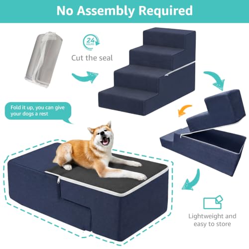 Image of YENING Large Dog Stairs for High Beds - 24 Inches Tall Extra Wide Pet Steps for Large Dogs to Get on Bed 4 Deep Step for Couch Navy Blue