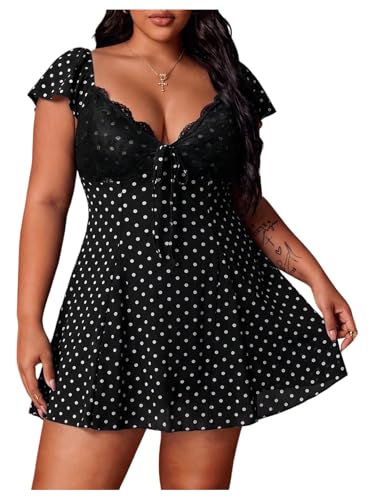 Image of GORGLITTER Women's Polka Dots Lace A Line Skater Dresses Plus Size Sweetheart Neck Cap Sleeve Ruffle Mini Dress for Date Party Black and White X-Large Plus