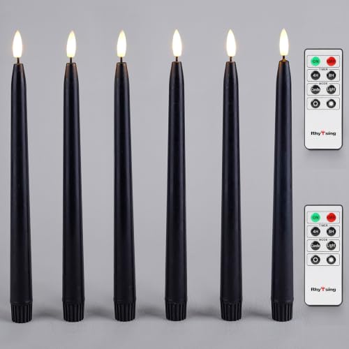Image of Rhytsing 6-Pack Black Flameless Taper Candles with 2 Remotes for Halloween | Timer Function, Smooth Wax Finish, 3D Faux Flame, H 11 inch, Battery Candlesticks for Halloween Decor, Warm White Glow