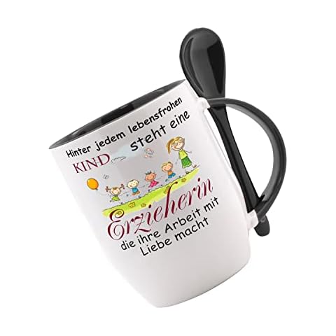 Löffeltasse 'Hinter jedem lebensfrohen Kind steht eine Erzieherin die ihre Arbeit mit Liebe macht' Tasse mit Löffel Cover