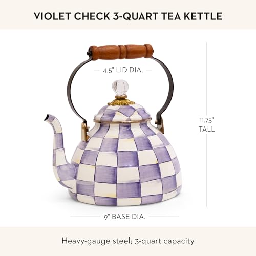 Image of MACKENZIE-CHILDS Tea Kettle, 3 Quarts, Purple-and-White Violet Check