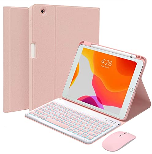 QYiiD Beleuchtete Tastatur Hülle mit Maus für iPad mini 7.9 Zoll 5 /iPad mini 4/3/2/1, iPad mini Hülle Abnehmbare Tastatur QWERTZ Abnehmbare Tastatur Hülle mit PU-Lederhülle,Pencil Halter, Rosa