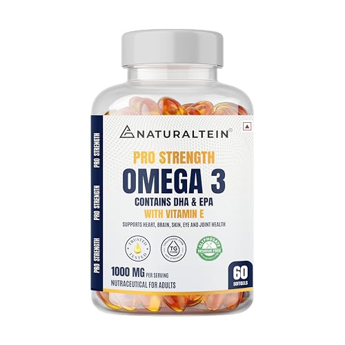 Image of Naturaltein Pro Strength Omega 3 Fish Oil 1000mg with Vitamin E | 180mg EPA & 120mg DHA | Supports Heart, Brain, Joint & Eye Health | Molecularly Distilled & Heavy Metal Tested | 60 Softgels