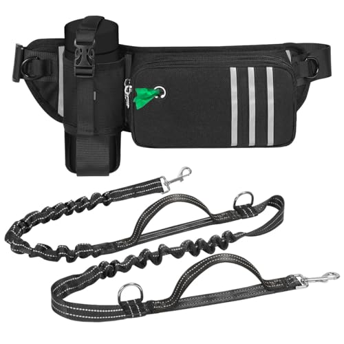 Pawaboo Correa Perro Cintura para Correr, Bolsa de Cintura con Correa de Perro Elástica 170-210 CM, Bolsillo Cintura para Botella Móvil, Correas Manos Libres Canicross para Perros 11,3-54,4 KG, Negro