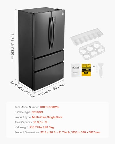VEVOR French Door Refrigerator, 18.9 Cu. Ft. Kitchen Fridge, Counter Depth French Refrigerator with LED Display and 4 Casters, Frost-Free Bottom Freezer Refrigerators for Home & Commercial Use, Black on Fridge.com