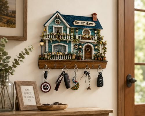 Image of Sweet Home Key Holder for Wall with 6 Hooks | Wooden House Shape Key Stand | Decorative Wall Mounted Key Hanger for Home Entrance, Living Room, Office & Gifts (25 x 25 cm)