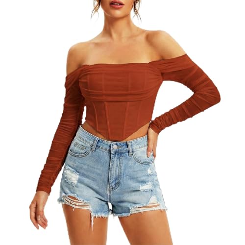 JSXZMMSM Womens Off The Shoulder Corset Top Sexy Mesh...
