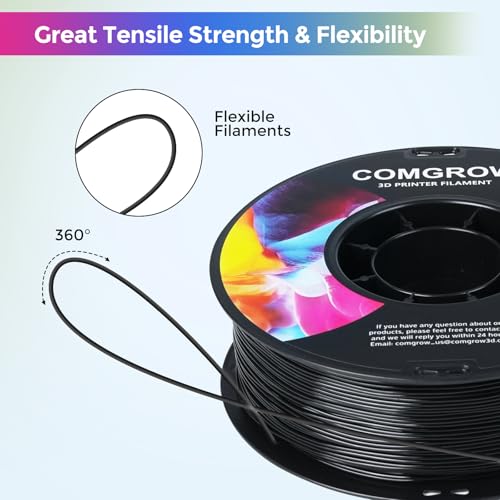 Image of Comgrow TPU Filament, 1.75mm, 95A Soft TPU Flexible 3D Printer Filament Black 1kg (2.2lbs), Dimensional Accuracy + /- 0.02 mm, Fit Most FDM Printer