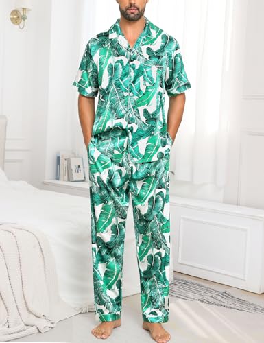 Image of SWOMOG Mens Satin Pajama Set Short Sleeve Classic Sleepwear Button Down Silky Loungewear with Long Pants