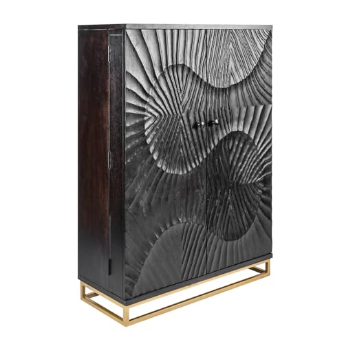 riess-ambiente.de Massiver Barschrank Scorpion 141cm schwarz Mangoholz mit 3D Schnitzereien