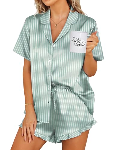 Image of Ekouaer Womens Satin Pajamas Set Button Down 2 Piece Silk Pjs Shorts Set Ruffle Lingerie Notch Collar Sleepwear