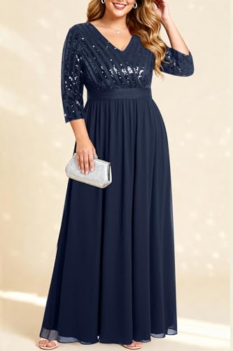 Image of Womens Plus Size Formal Dresses - V Neck 3 /4 Sleeve Sequin Prom Evening Gowns Long Maxi Dres