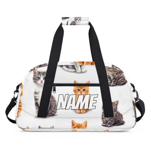 Custom Cute Cat Duffel Bag for Women Men, Personalized Kitten Animal Sport Gym Duffel Bag with Name Travel Weekender Overnight Bags