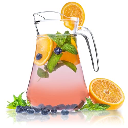 KADAX Pichet en Verre, Élégante Carafe pour Sublimer le Service de Boissons Fraîches telles que l'Eau, le Jus et la Limonade, Cruche avec Poignée (1.4L)