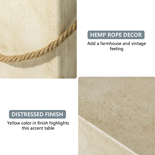Cosiest Concrete Side Table, Rectangular Outdoor Side Table W Hemp Rope Handles,15''Patio Side Tables End Table, Outdoor Accent Side Table For Garden And Patio, Beige #TOP4