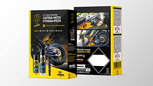 Bardahl - Kit de mantenimiento de cadenas, kit especial para cadena de moto de carretera-pista, antidesgaste y óxido, alarga la vida de la cadena, corona y piñón, resistencia al agua, cepillo para