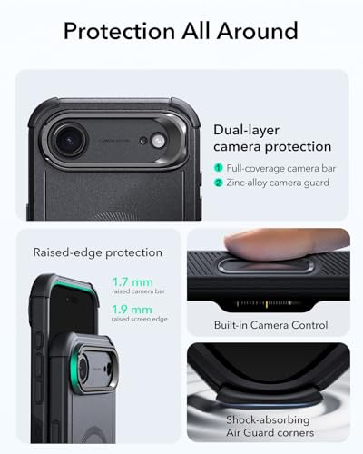 Image of ESR for iPhone Air Case with Stand, 23ft Military-Grade Drop Protection, Camera Control, Shock-Absorbing iPhone 17 Air Rugged case, Compatible with MagSafe Accessories, Cyber Series, Black