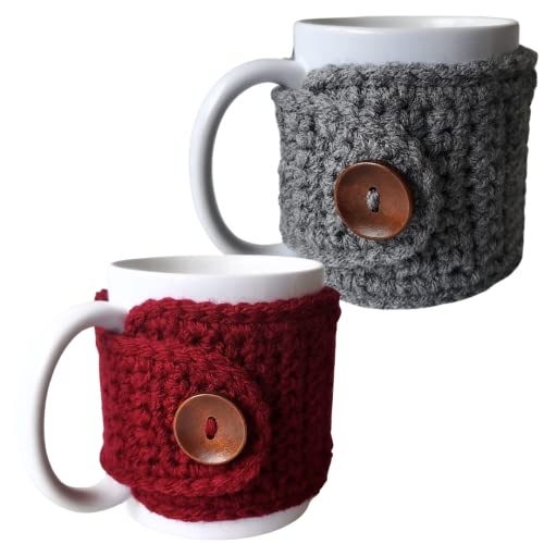 Burgundy and Grey Coffee Mug Cozy Sleeves, Tea Cozy Wraps,