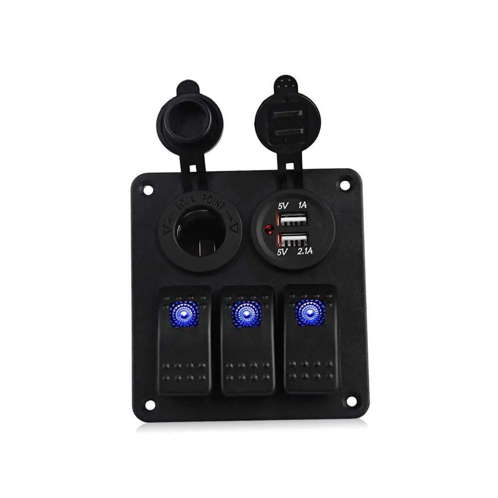 Car Yacht Boat Shaped Rocker Switch 3 Gang Combo with LED Light Dual USB 3.1A Cigarette Lighter Socket Blue Light