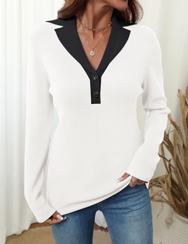 Image of LOMON Sweaters for Women 2025 Fall Knitted V-Neck Collared Button Pullover Dressy Casual Long Sleeve Polo Shirts Business