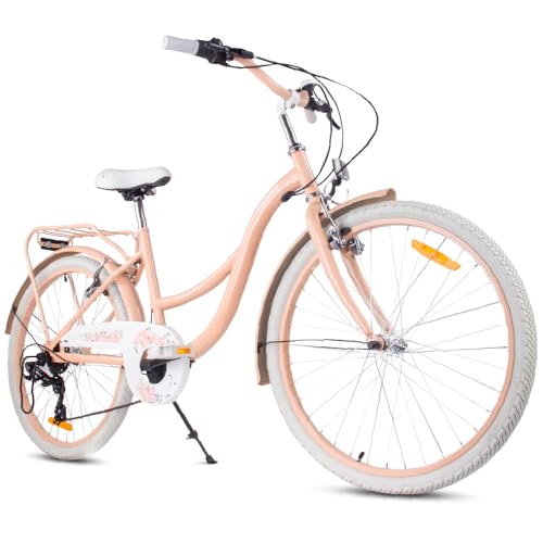 sun baby Flower Bike Kinderfahrrad 24 Zoll Mädchen Fahrrad für Kinder ab 8 Jahre 7-Gang Shimano V-Brake Gepäckträger Reflektoren (Aprikose 24 Zoll)