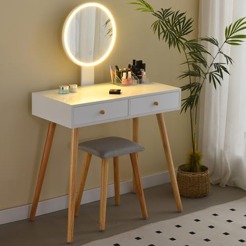 Ezigoo Schminktisch mit Beleuchtung Spiegel 80cm Groß Kosmetiktisch in Weiß mit 2 Schubladen,...