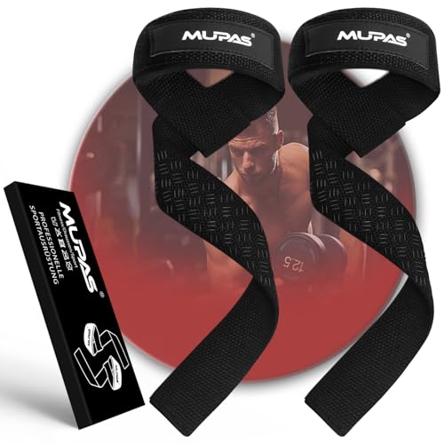 MUPAS Zughilfen für Krafttraining & Bodybuilding (gepolstert) – Profi Lifting Straps 58.5cm Länge–Rutschfestes Silikon– Gym Straps für Fitness,Kreuzheben,Weightlifting (Schwarz)