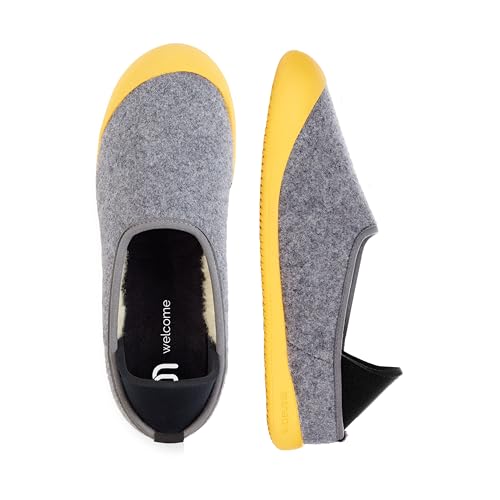 mahabis Pantuflas unisex | Colección Curve | Comodidad premium con diseño audaz y de alto rendimiento | Transpirables y controladas por calor | Forro 100% lana, Gris claro y amarillo, 39.5 EU