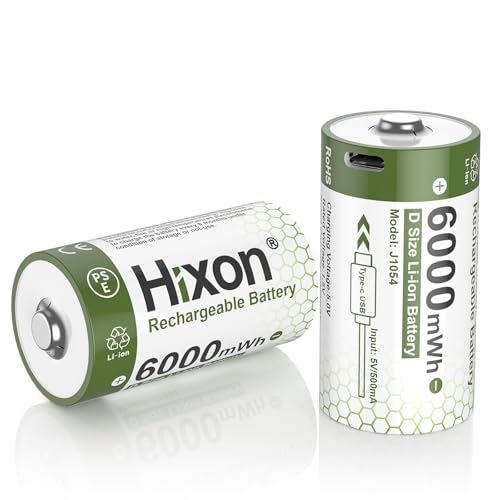 Hixon 1.5 V Rechargeable Lithium D Battery USB C, Pack of 2