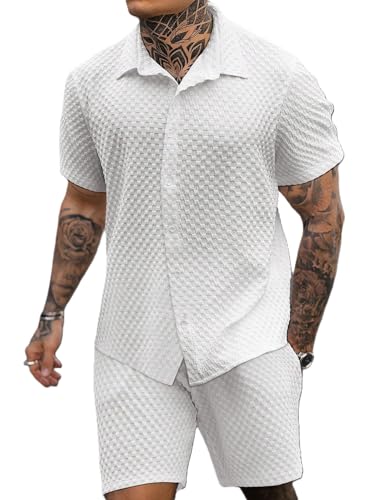 Image of Zilcon Men's 2 Piece Outfit Casual Short Sleeve Button Down Shirt Beach Summer Loose Pant Sets