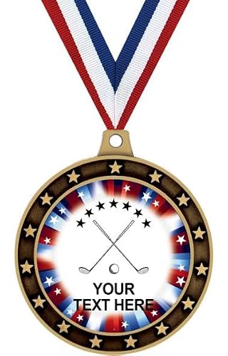 Your Personalization Golf Awards, Golf Clubs and Ball Custom Text Medal with Red, White, & Blue Americana Background, Golf Medal Awards Value Pack of 10 with Personalized Engraving